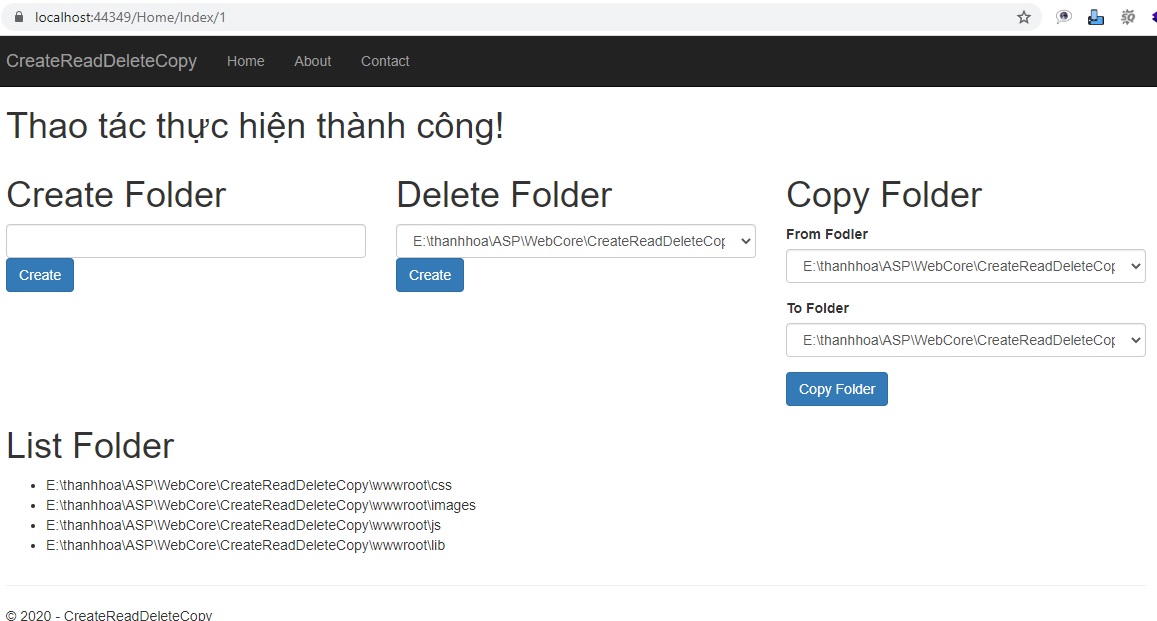 Create,Delete,Copy Folder in ASP.NET Core 2.1